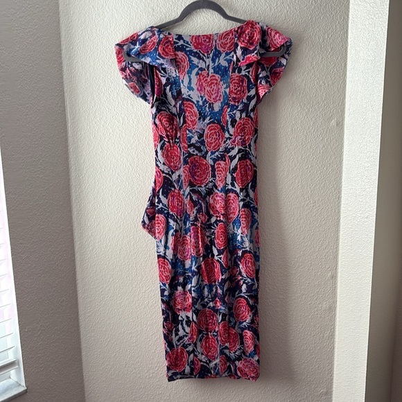 Fuzzi Dress Size Large Floral Ruffle Bodycon V Neck Short Sleeve Italy B13 - Picture 5 of 5